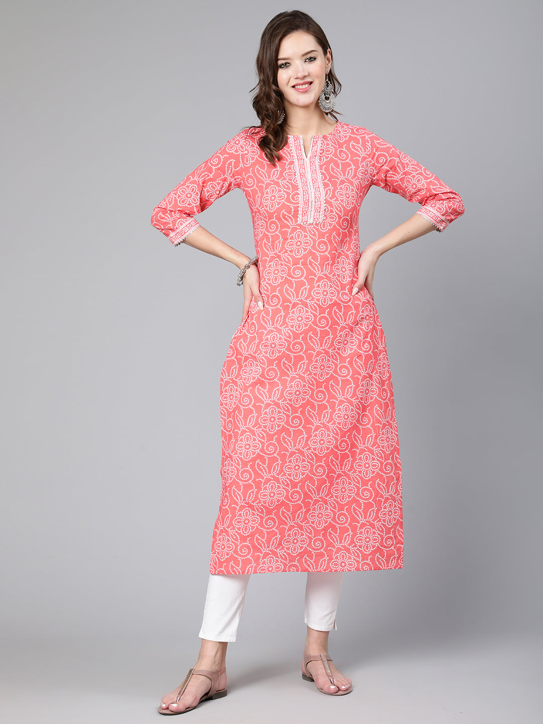 Women Pink Bandhani Printed Straight Kurta With Three Quarter Sleeves | LASVINI - Redefining Indian Fashion with Elegance