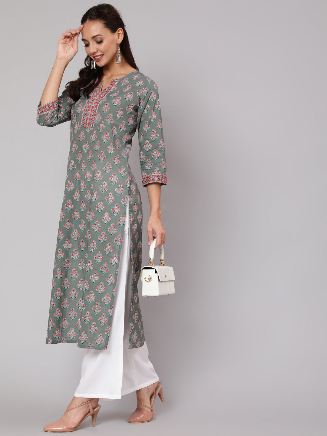 Women Grey Floral Printed Straight Kurta With Three Quarter Sleeves | LASVINI - Redefining Indian Fashion with Elegance
