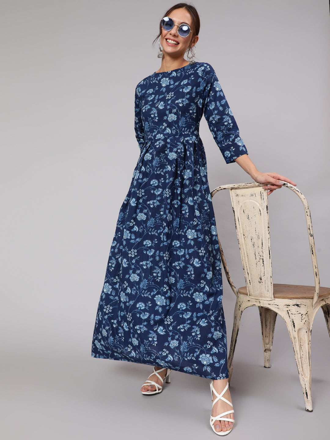 Women Blue Floral Printed Flared Dress With Three Quarter Sleeves | LASVINI - Redefining Indian Fashion with Elegance