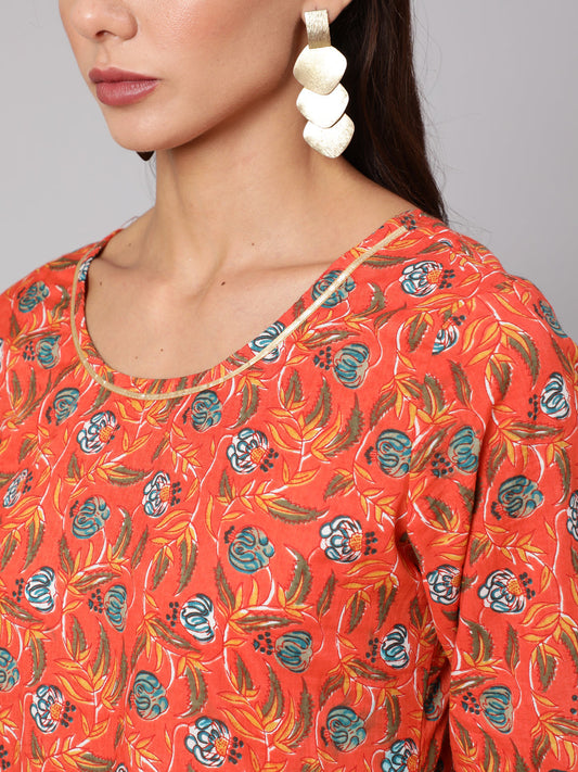 Women Orange Floral Printed Flared Dress With Three Quarter Sleeves | LASVINI - Redefining Indian Fashion with Elegance