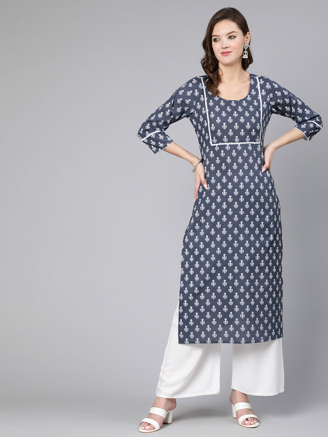Women Grey Ethnic Printed Straight Kurta With Three Quarter Sleeves | LASVINI - Redefining Indian Fashion with Elegance