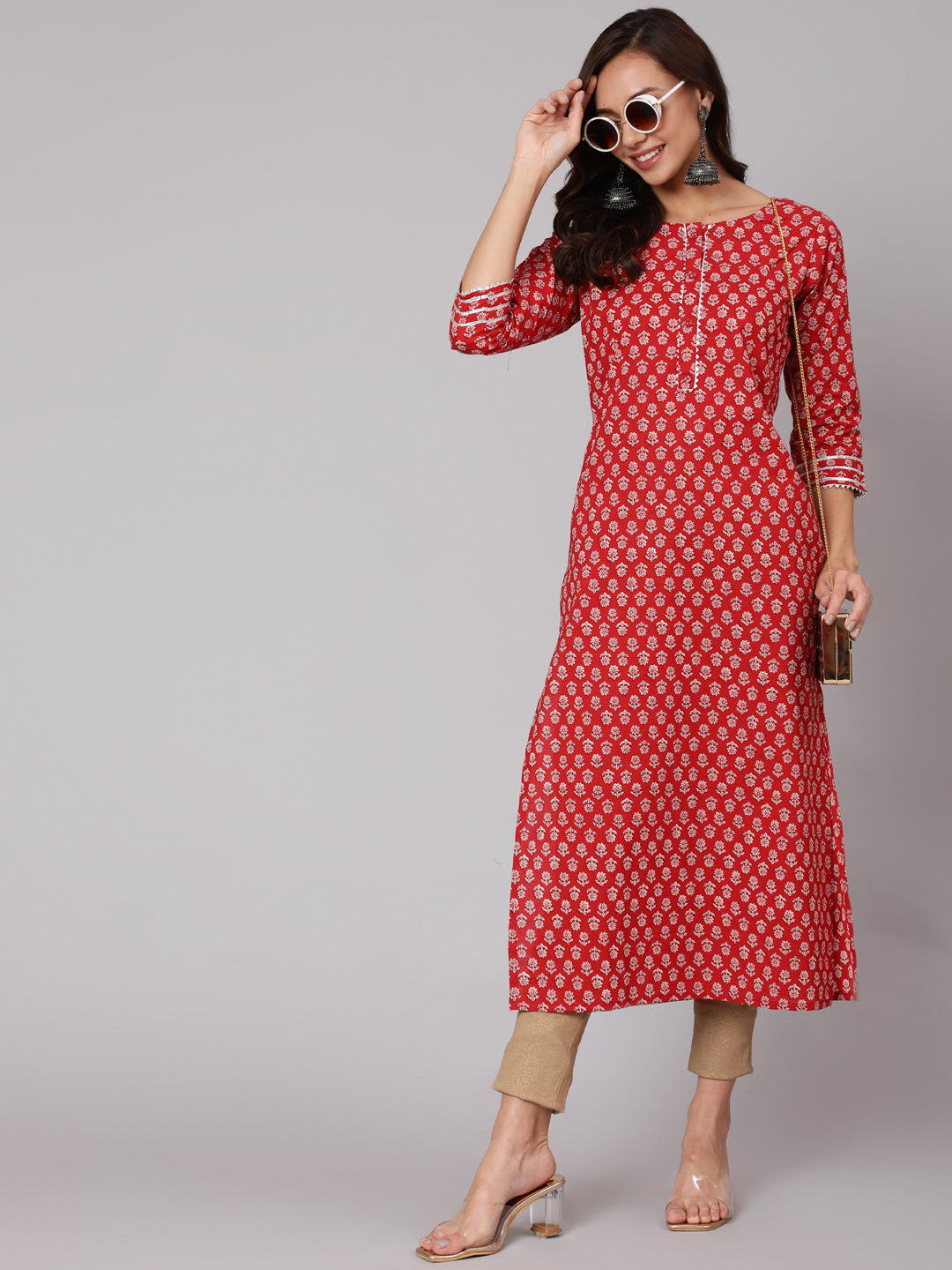 Women Red Ethnic Printed Straight Kurta With Three Quarter Sleeves | LASVINI - Redefining Indian Fashion with Elegance