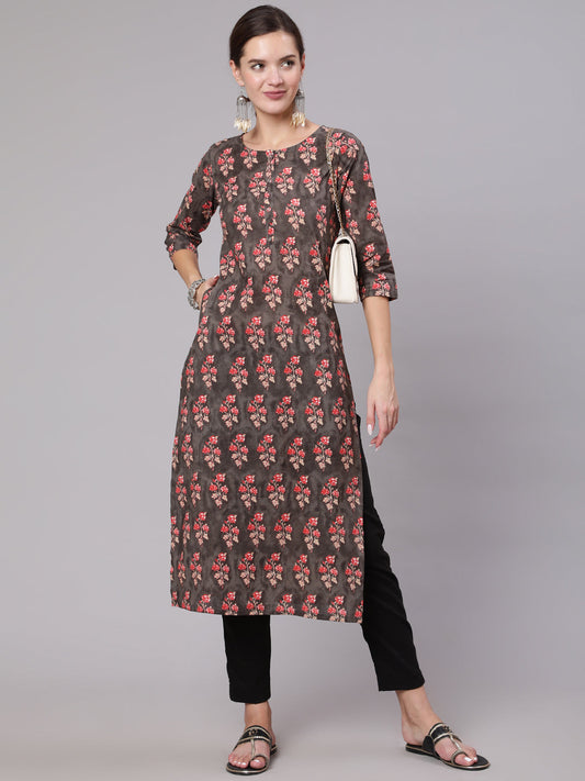 Women Grey Printed Straight Kurta With Three Quarter Sleeves | LASVINI - Redefining Indian Fashion with Elegance