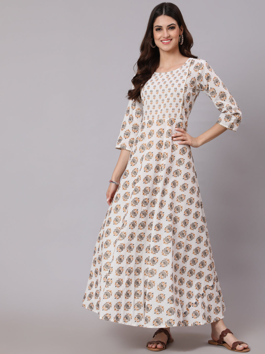 Women White & Yellow Ethnic Printed Dress With Three Quarter Sleeves | LASVINI - Redefining Indian Fashion with Elegance