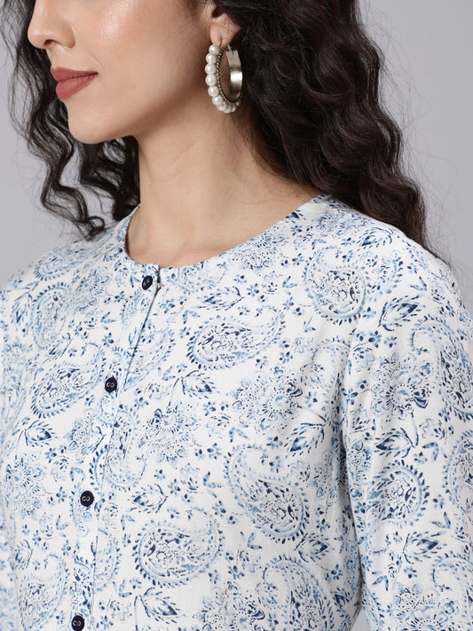Women White Ethnic Printed Flared Dress With Round Neck | LASVINI - Redefining Indian Fashion with Elegance