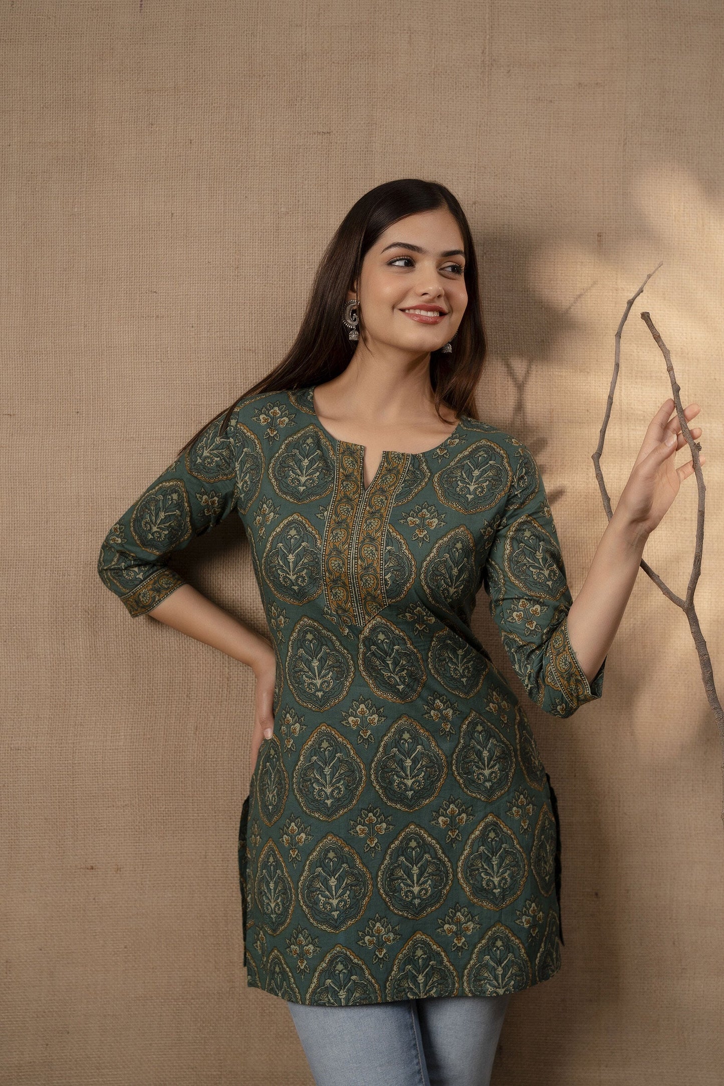 Women Green Ethnic Printed Tunic With Three Quarter Sleevs | LASVINI - Redefining Indian Fashion with Elegance