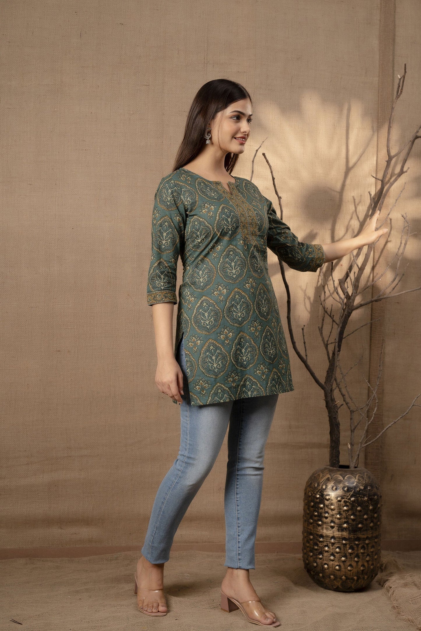 Women Green Ethnic Printed Tunic With Three Quarter Sleevs | LASVINI - Redefining Indian Fashion with Elegance