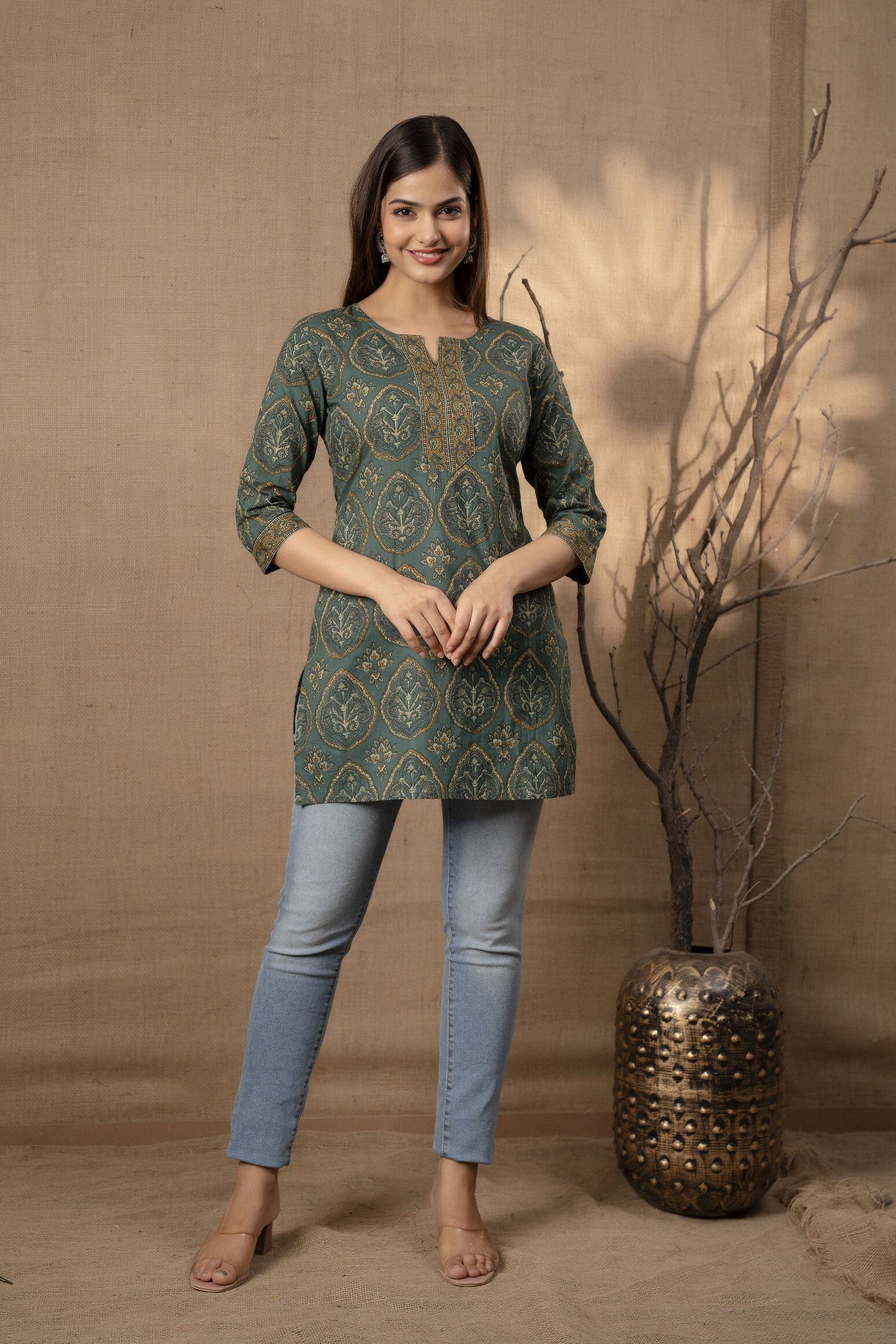 Women Green Ethnic Printed Tunic With Three Quarter Sleevs | LASVINI - Redefining Indian Fashion with Elegance
