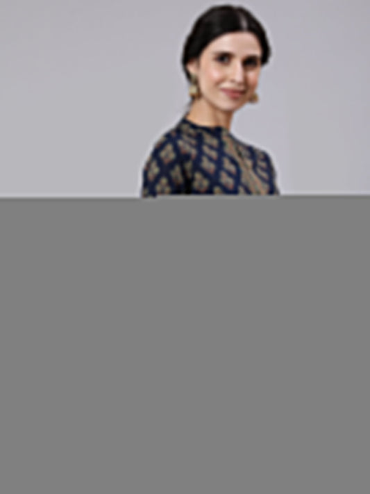 Women Navy Blue Ethnic Printed Straight Tunic | LASVINI - Redefining Indian Fashion with Elegance