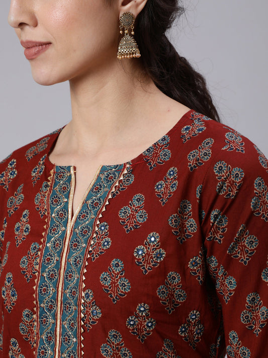 Women Maroon Printed Straight Kurta with Three Quarter Sleeves | LASVINI - Redefining Indian Fashion with Elegance