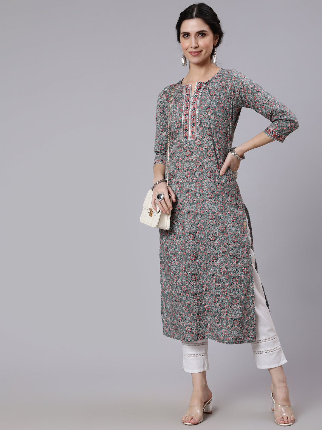 Women Grey Ethnic Printed Straight Kurta With Three Quarter Sleeves | LASVINI - Redefining Indian Fashion with Elegance