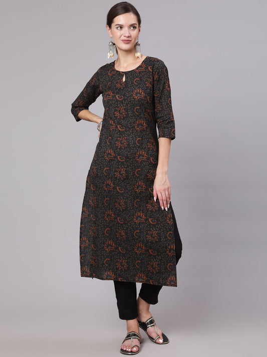 Women Black Printed Straight Kurta With Three Quarter Sleeves | LASVINI - Redefining Indian Fashion with Elegance