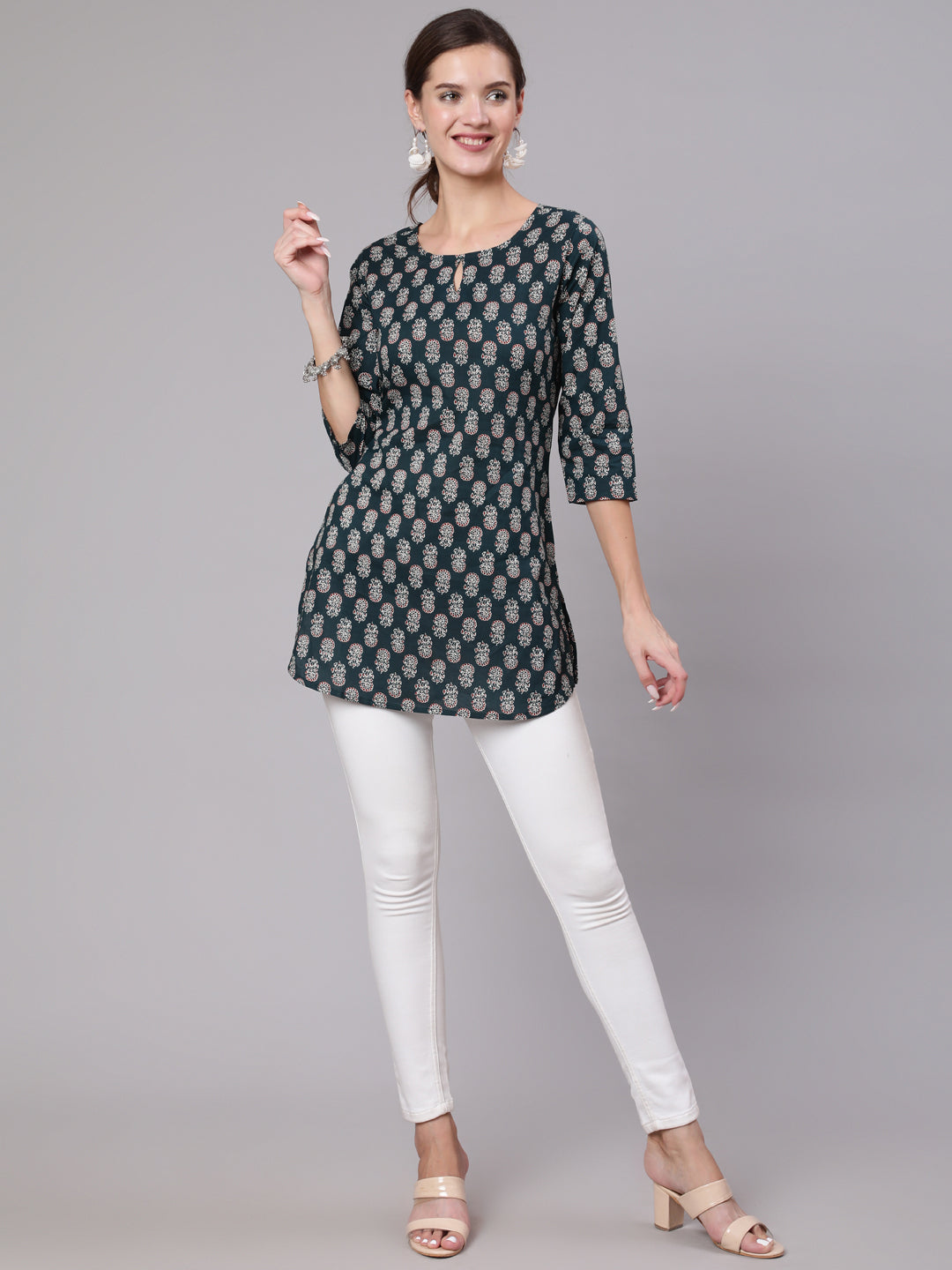 Women Green Ethnic Printed Straight Tunic With Three Quarter Sleeves | LASVINI - Redefining Indian Fashion with Elegance