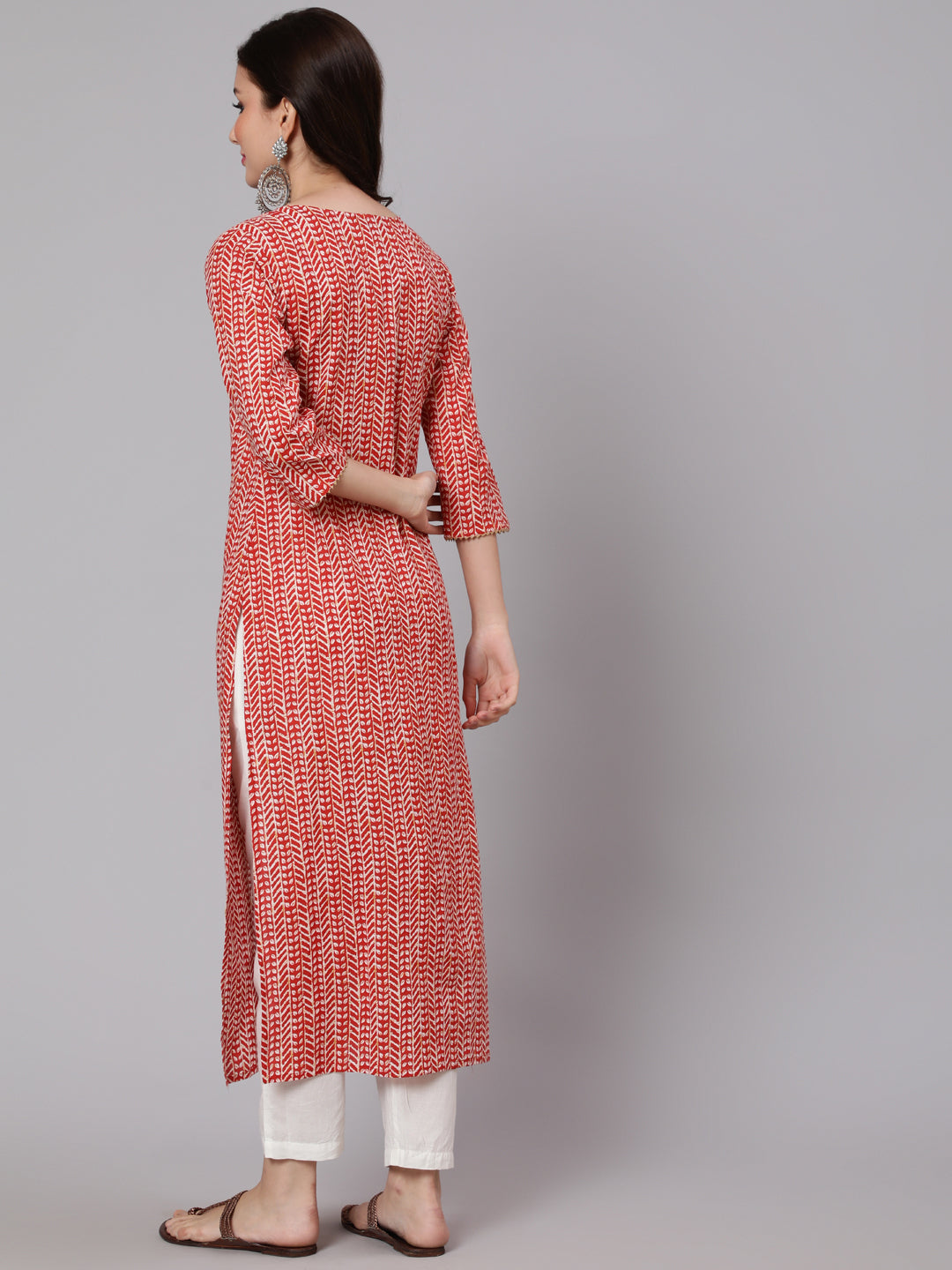 Women Red Printed Straight Kurta With Thread Work Yoke | LASVINI - Redefining Indian Fashion with Elegance