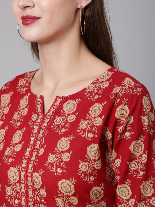 Women Red Ethnic Printed Straight Tunic With Three Quarter Sleeves | LASVINI - Redefining Indian Fashion with Elegance