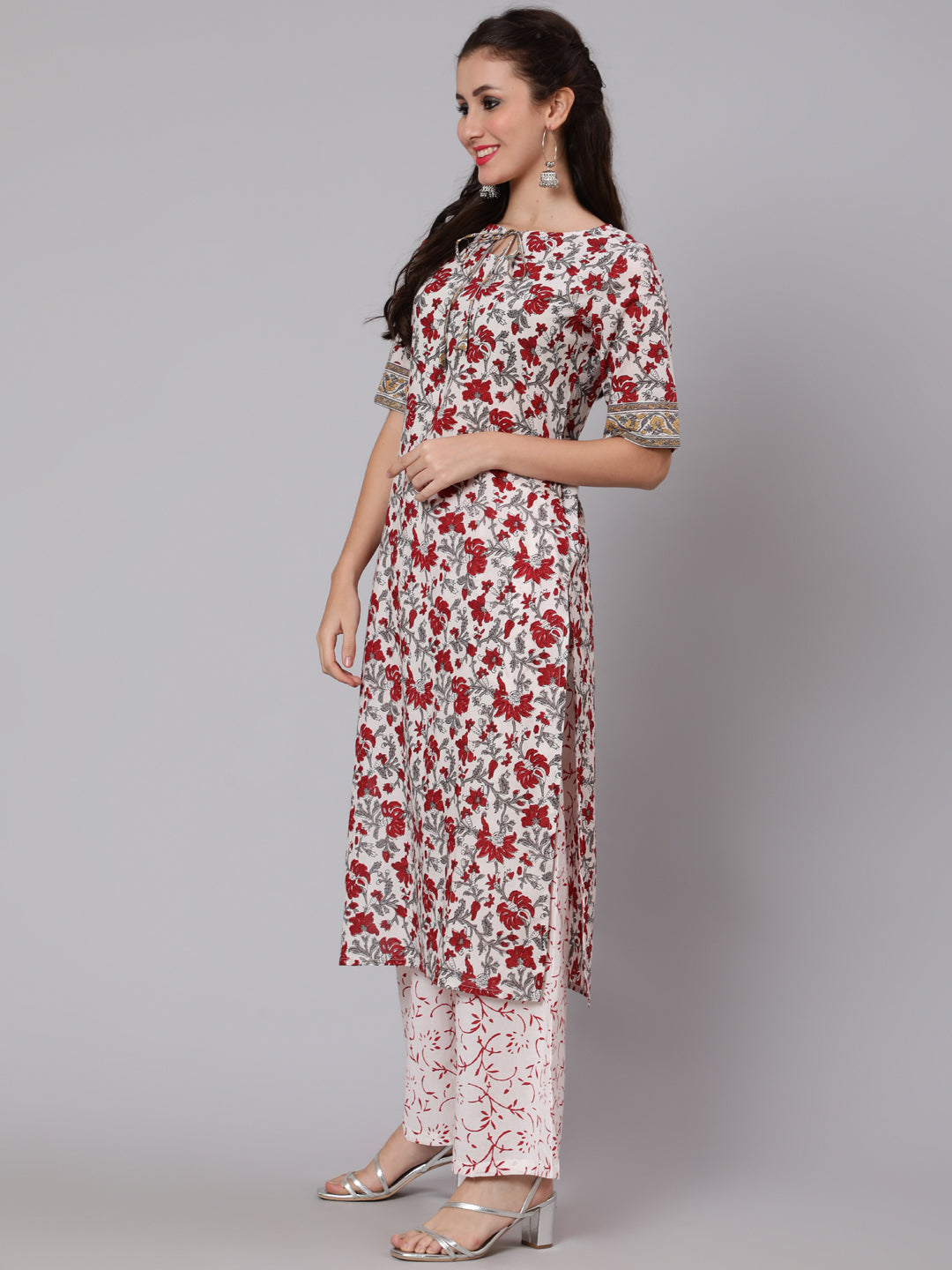 Women Off-White Ethnic Printed Straight Kurta With Palazzo | LASVINI - Redefining Indian Fashion with Elegance