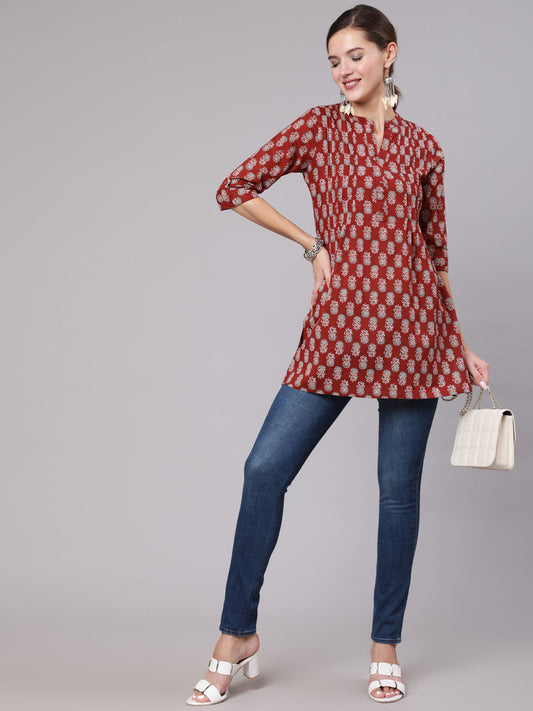 Women Maroon Ethnic Printed Straight Tunic With Three Quarter Sleeves | LASVINI - Redefining Indian Fashion with Elegance
