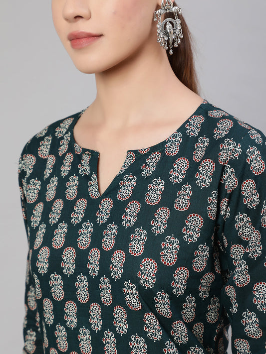 Women Green Ethnic Printed Straight Kurta With Three Quarter Sleeves | LASVINI - Redefining Indian Fashion with Elegance