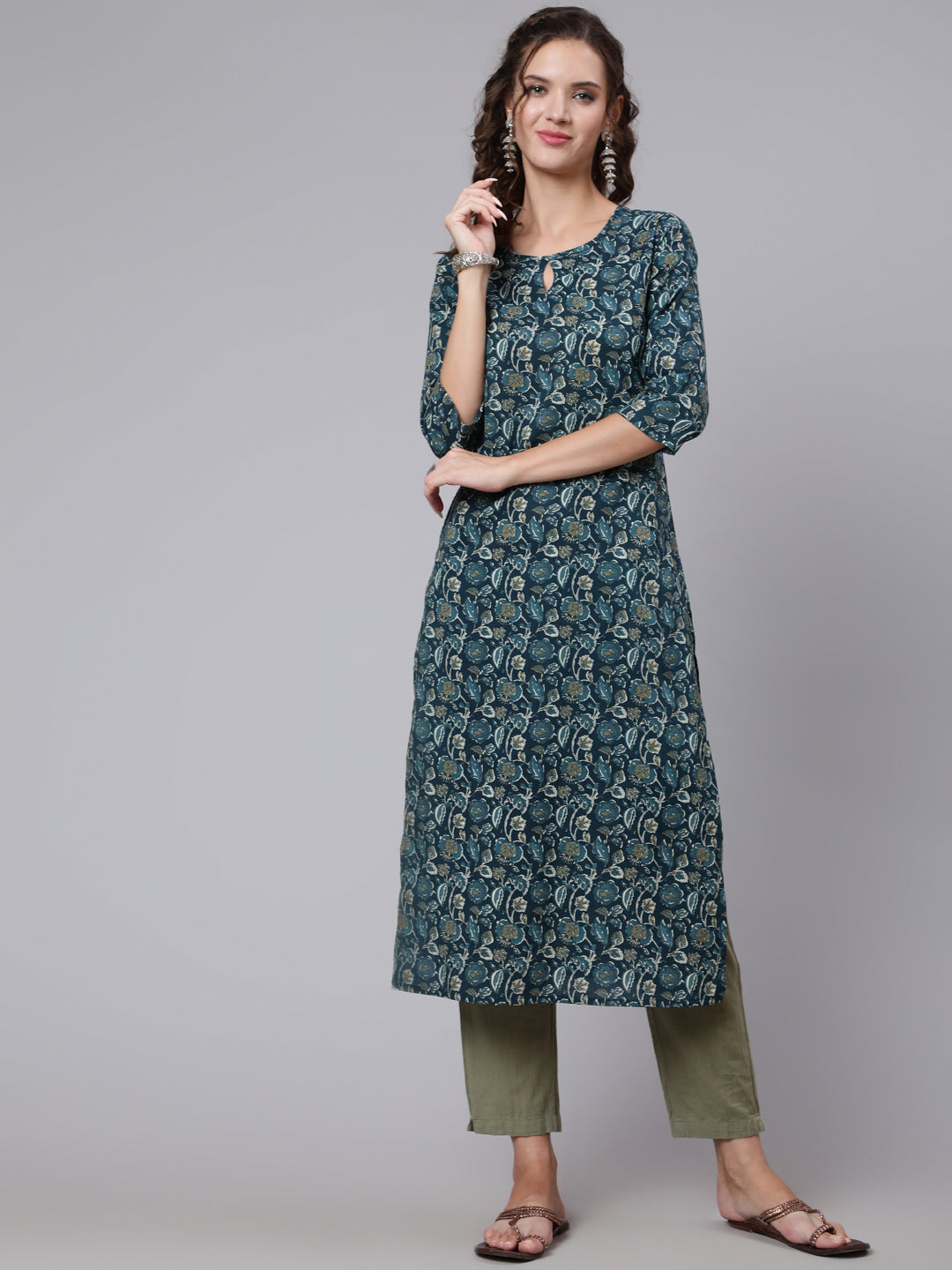 Women Teal Blue Printed Straight Kurta With Three Quarter Sleeves | LASVINI - Redefining Indian Fashion with Elegance