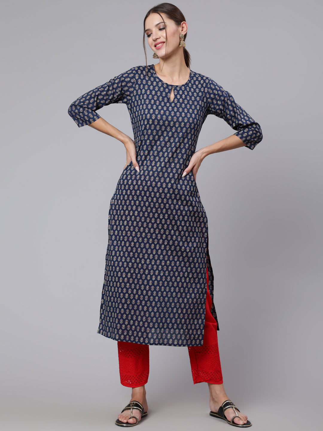 Women Blue Printed Straight Kurta With Three Quarter Sleeves | LASVINI - Redefining Indian Fashion with Elegance