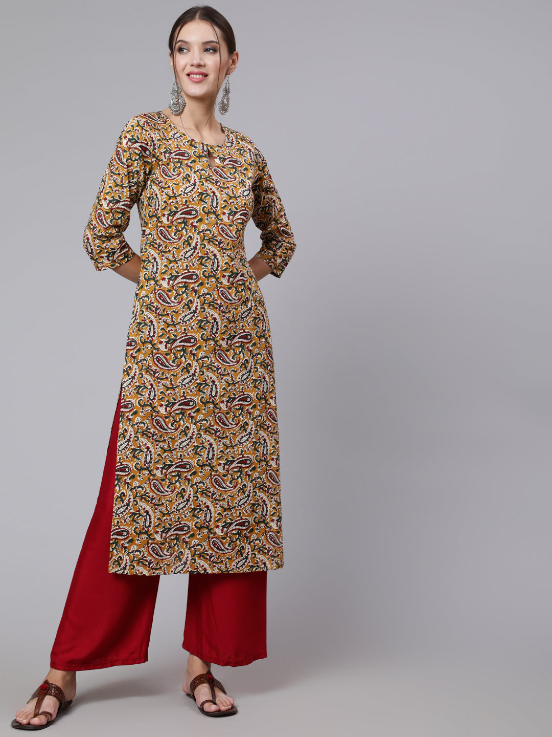 Women Yellow Printed Straight Kurta With Three Quarter Sleeves | LASVINI - Redefining Indian Fashion with Elegance