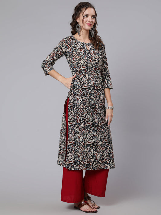 Women Black Paisley Printed Straight Key Hole Neck Kurta With Three Quarter Sleeves | LASVINI - Redefining Indian Fashion with Elegance