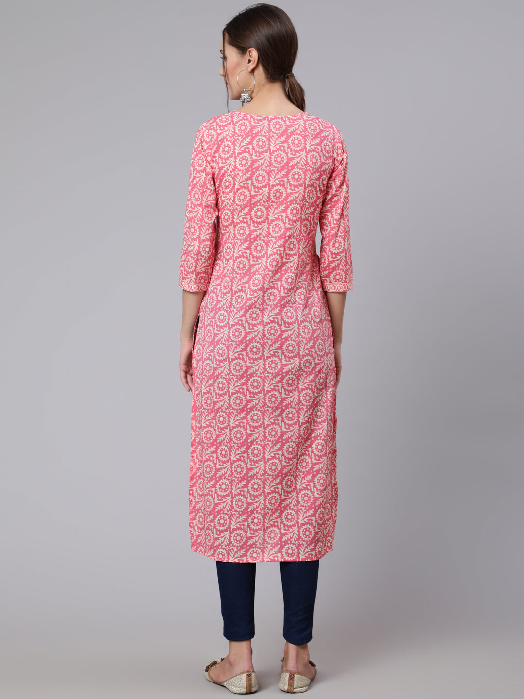 Women Pink Printed Straight Kurta With Three Quarter Sleeves | LASVINI - Redefining Indian Fashion with Elegance