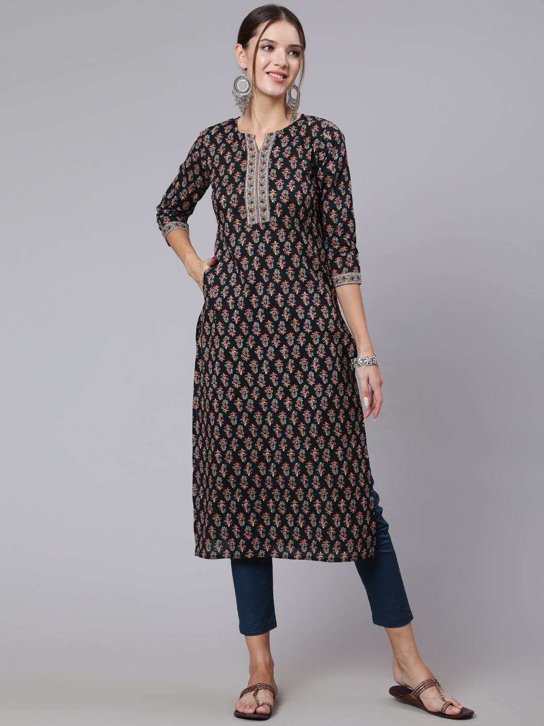 Women Black Printed Straight Kurta With Three Quarter Sleeves | LASVINI - Redefining Indian Fashion with Elegance