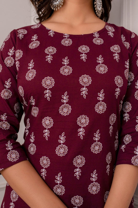Women Burgundy Ethnic Printed Straight Kurta With Three Quarter Sleeves | LASVINI - Redefining Indian Fashion with Elegance