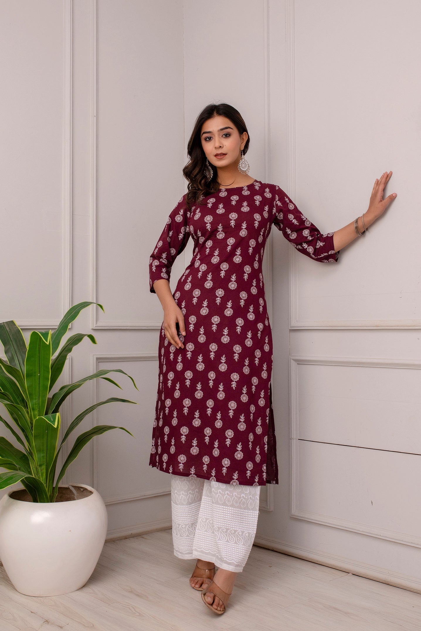 Women Burgundy Ethnic Printed Straight Kurta With Three Quarter Sleeves | LASVINI - Redefining Indian Fashion with Elegance