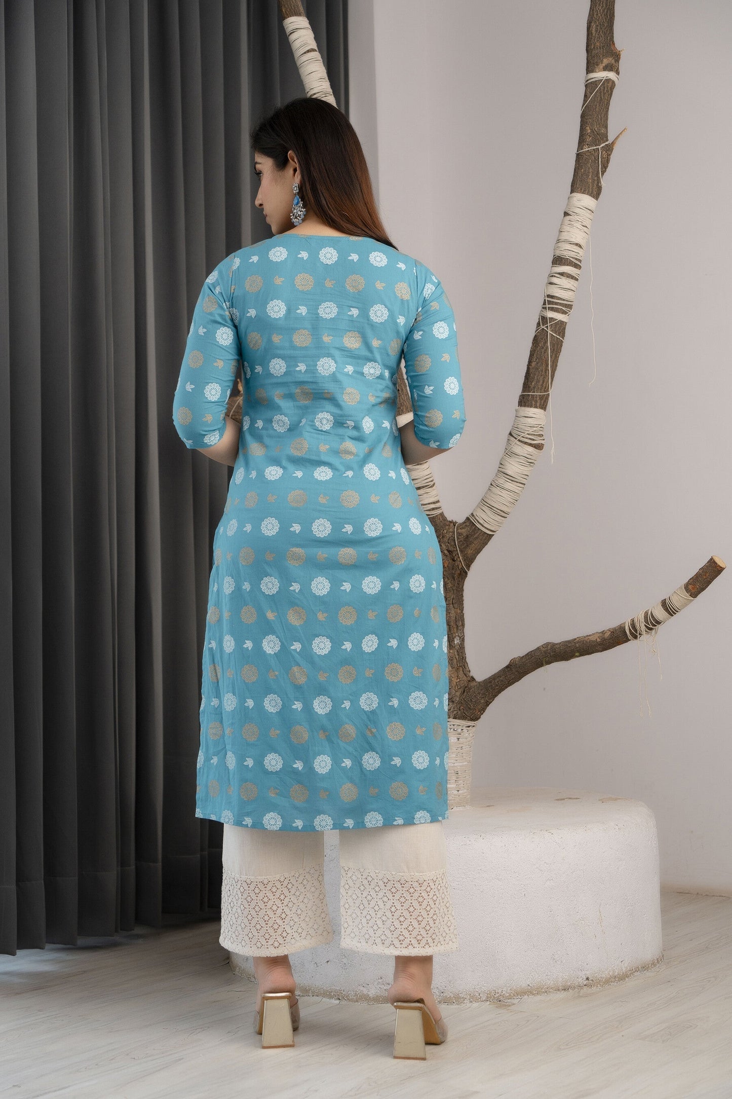 Women Blue Ethnic Printed Straight Kurta With Three Quarter Sleeves | LASVINI - Redefining Indian Fashion with Elegance