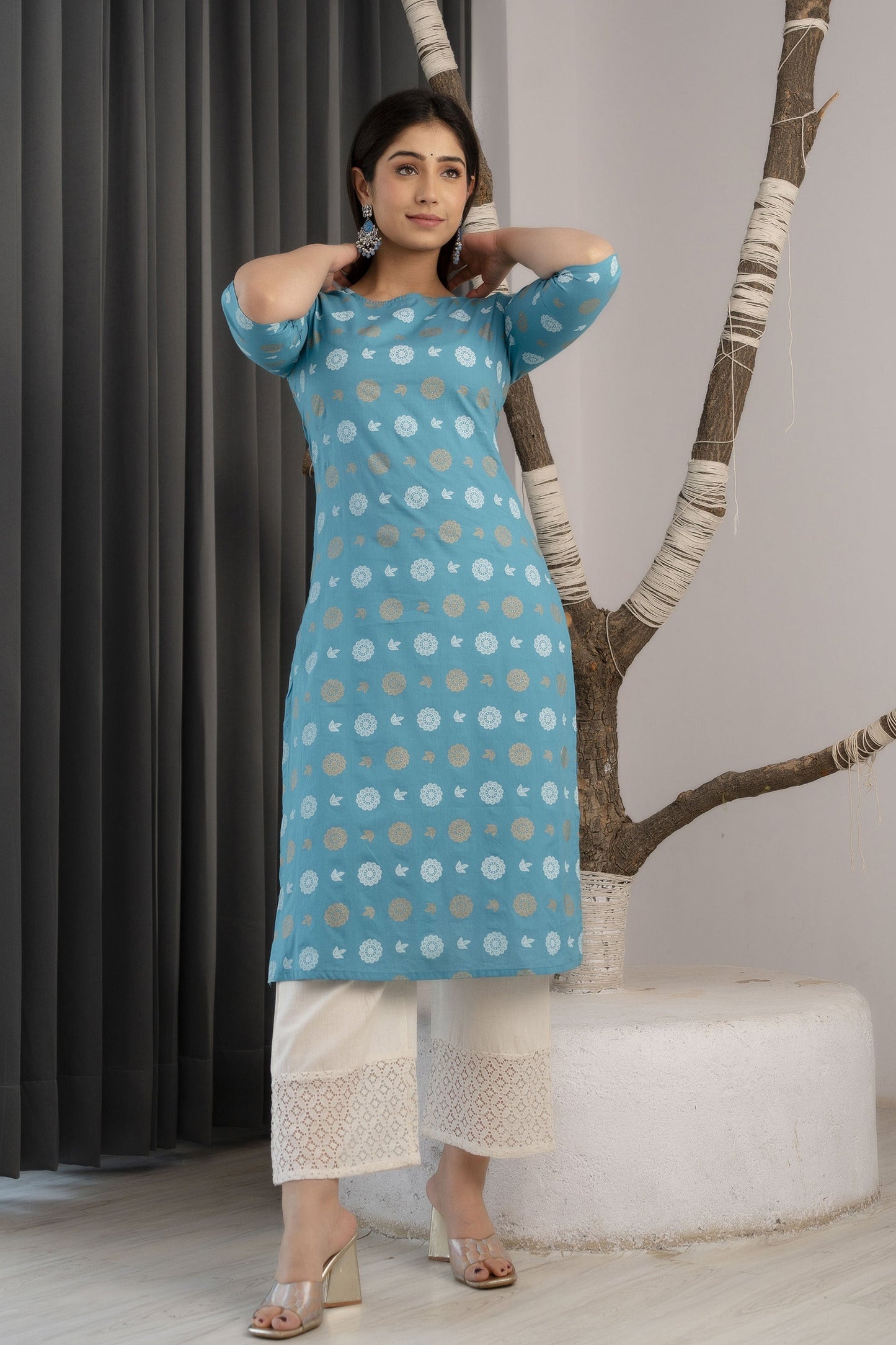Women Blue Ethnic Printed Straight Kurta With Three Quarter Sleeves | LASVINI - Redefining Indian Fashion with Elegance