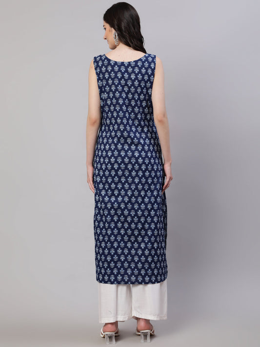 Women Blue Ethnic Straight Sleeveless Kurta | LASVINI - Redefining Indian Fashion with Elegance