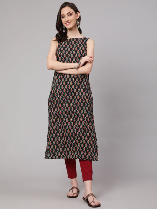 Women Black Printed Straight Sleeveless Kurta | LASVINI - Redefining Indian Fashion with Elegance
