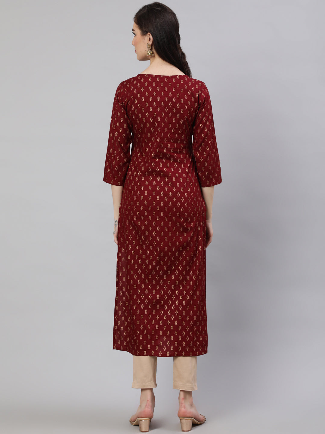 Women Maroon Printed Straight Kurta With Three Quarter Sleeves | LASVINI - Redefining Indian Fashion with Elegance