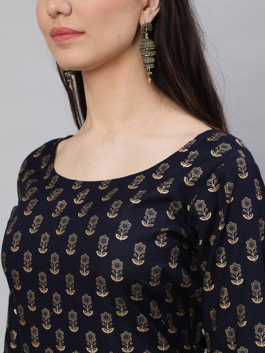 Women Navy Blue Ethnic Printed Straight Kurta With Three Quarter Sleeves | LASVINI - Redefining Indian Fashion with Elegance