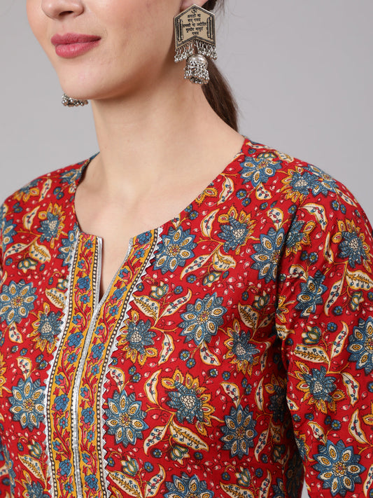 Women Red Printed Straight Kurta With Three Quarter Sleeves | LASVINI - Redefining Indian Fashion with Elegance