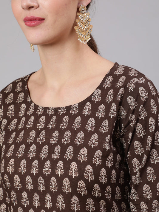 Women Brown Ethnic Printed Straight Kurta With Three Quarter Sleeves | LASVINI - Redefining Indian Fashion with Elegance
