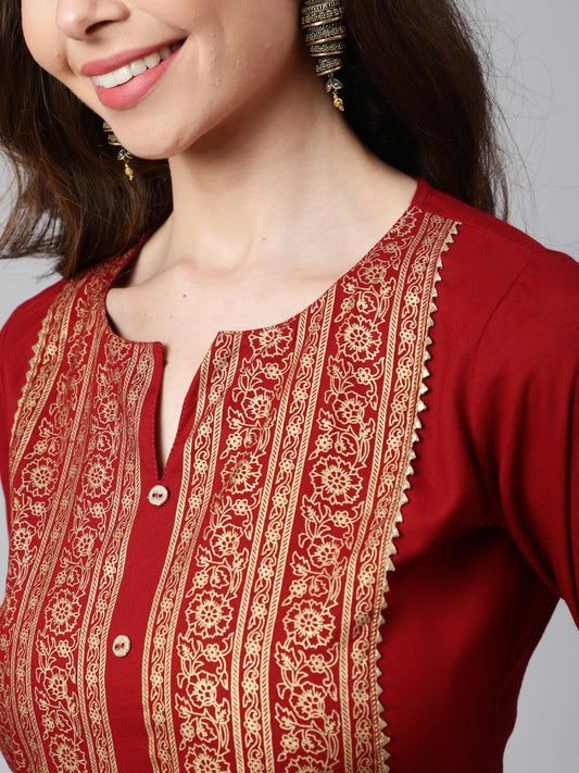 Women Maroon Printed Straight Kurta With Three Quarter Sleeves | LASVINI - Redefining Indian Fashion with Elegance