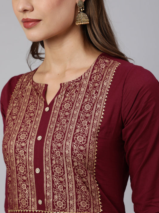 Women Burgundy Straight Kurta With Three Quarter Sleeves | LASVINI - Redefining Indian Fashion with Elegance