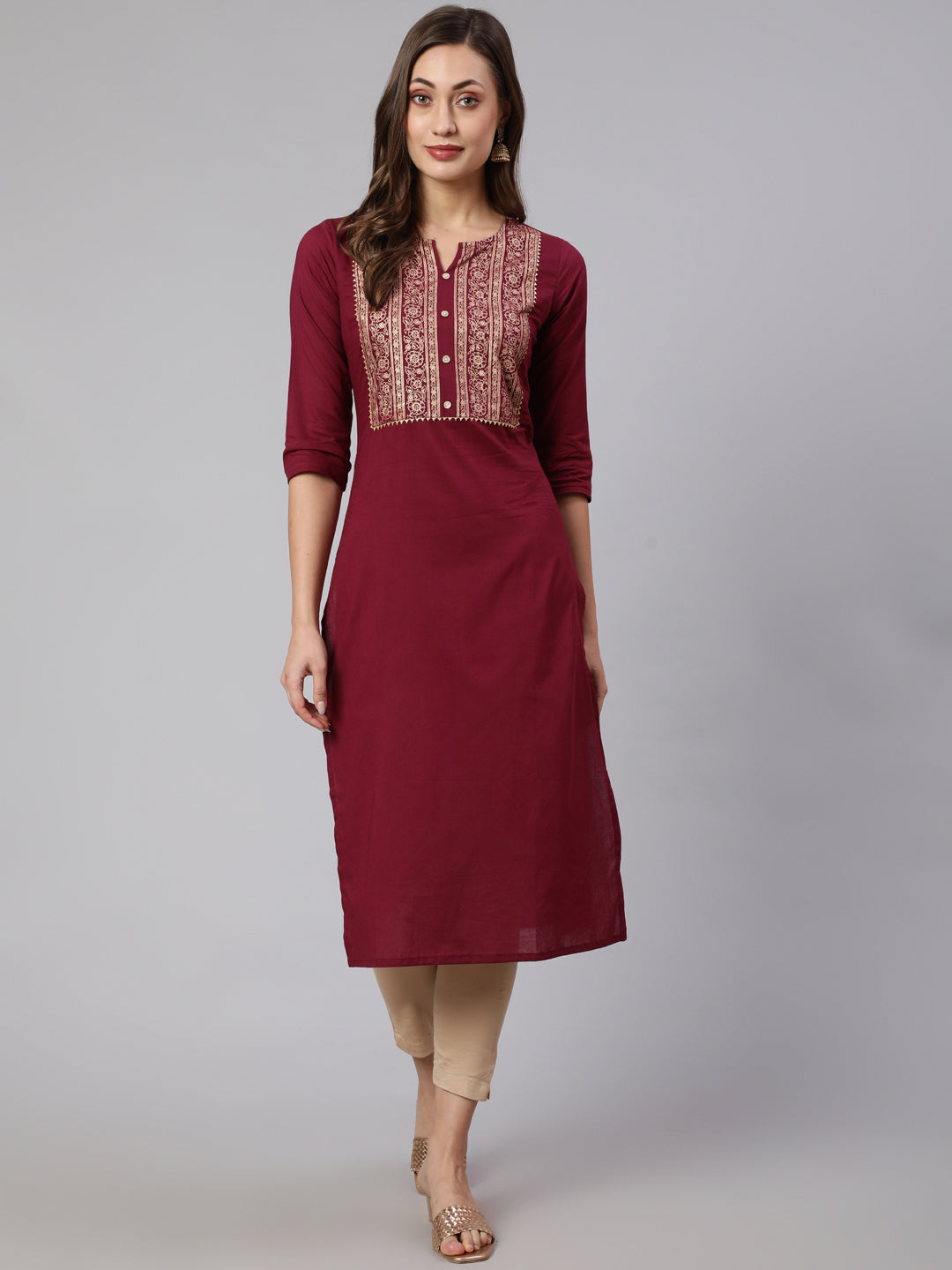 Women Burgundy Straight Kurta With Three Quarter Sleeves | LASVINI - Redefining Indian Fashion with Elegance