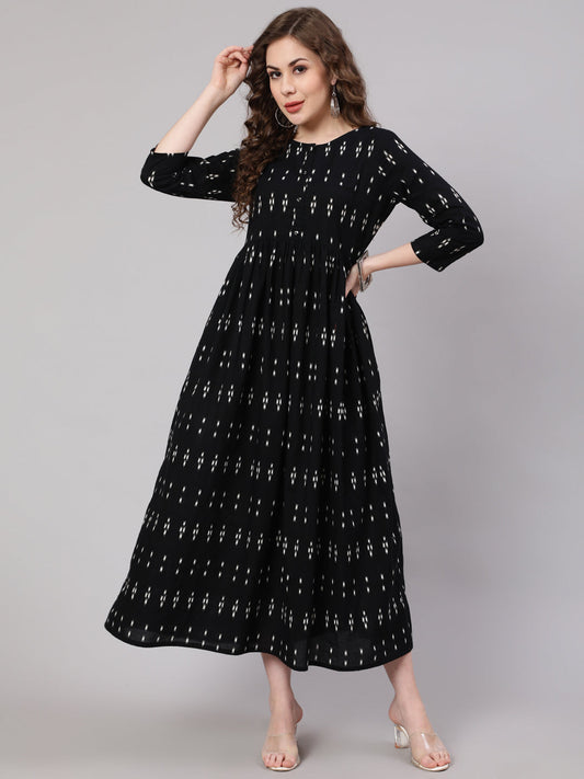 Women Black Ikat Printed Flared Dress With Three Quarter Sleeves | LASVINI - Redefining Indian Fashion with Elegance