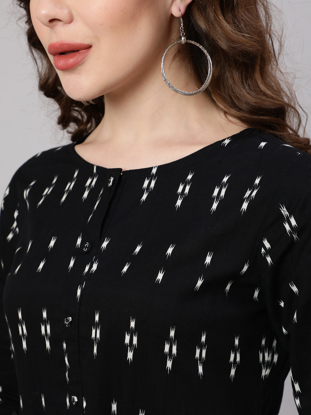 Women Black Ikat Printed Flared Dress With Three Quarter Sleeves | LASVINI - Redefining Indian Fashion with Elegance