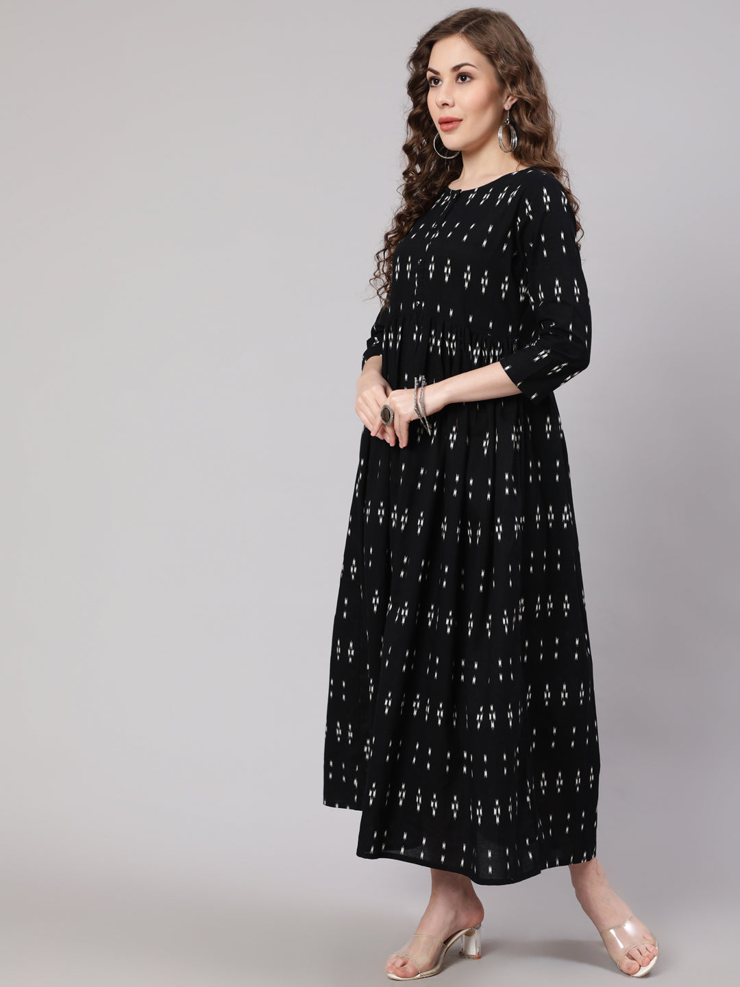 Women Black Ikat Printed Flared Dress With Three Quarter Sleeves | LASVINI - Redefining Indian Fashion with Elegance