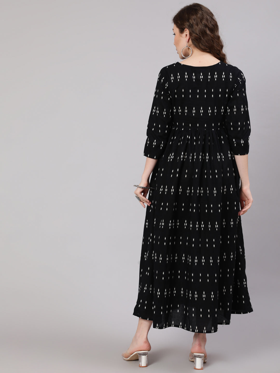 Women Black Ikat Printed Flared Dress With Three Quarter Sleeves | LASVINI - Redefining Indian Fashion with Elegance