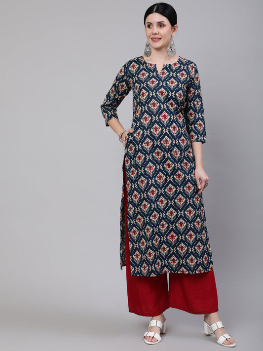 Women Blue Ethnic Printed Straight Kurta With Three Quarter Sleeves | LASVINI - Redefining Indian Fashion with Elegance