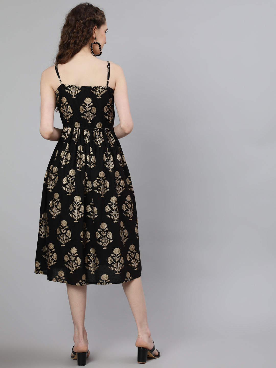 Women Black Ethnic Printed Shoulder Strap Dress | LASVINI - Redefining Indian Fashion with Elegance