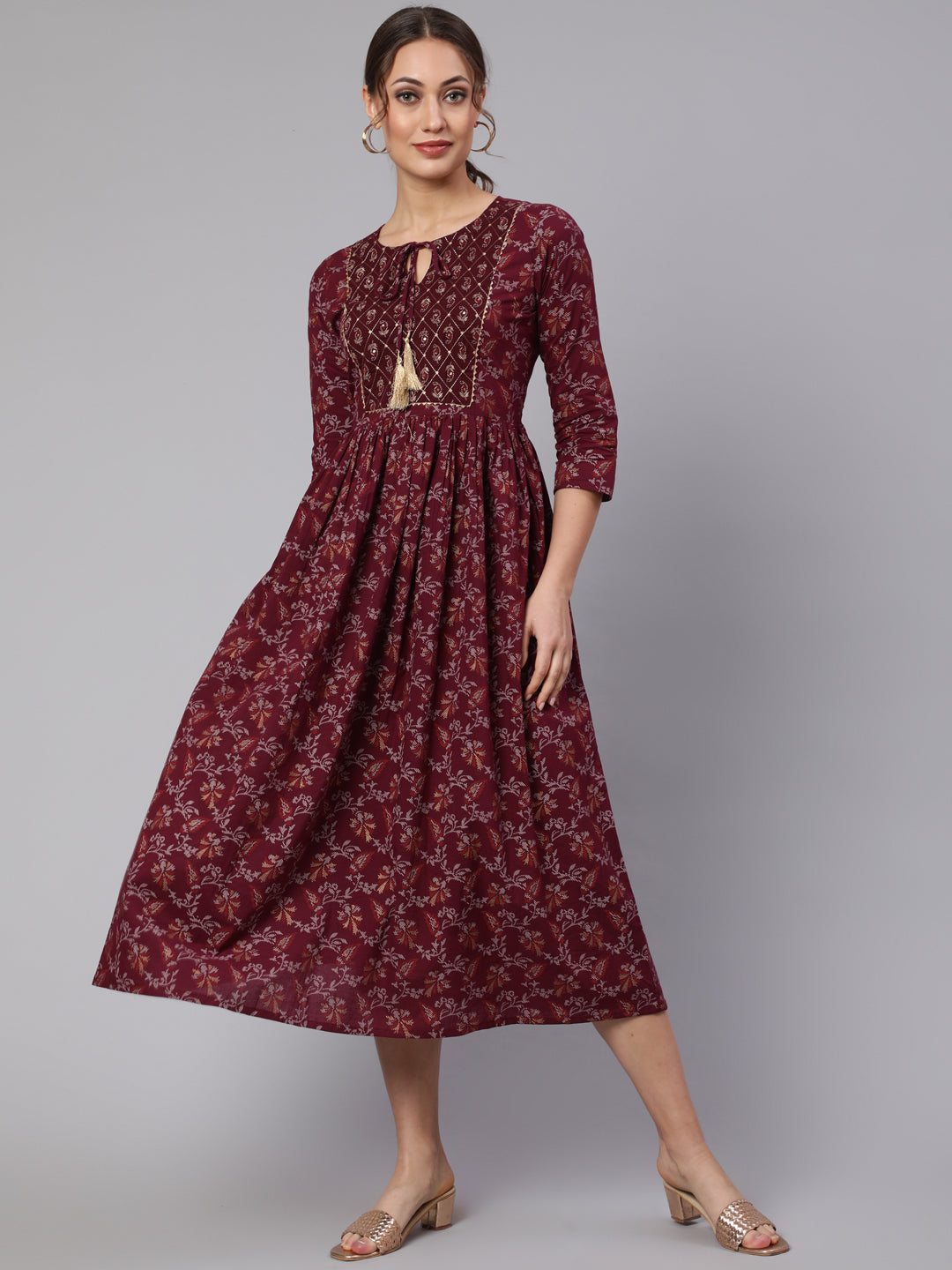 Wome Burgundy Printed Flared Dress With Three Quarter Sleeves | LASVINI - Redefining Indian Fashion with Elegance