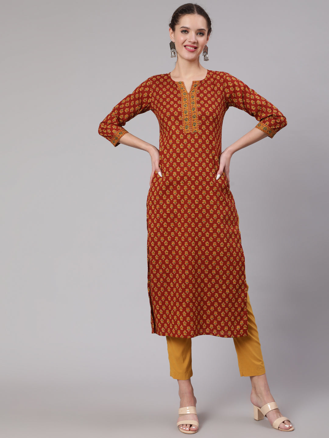 Women Maroon Ethnic Printed Straight Kurta With Three Quarter Sleeves | LASVINI - Redefining Indian Fashion with Elegance