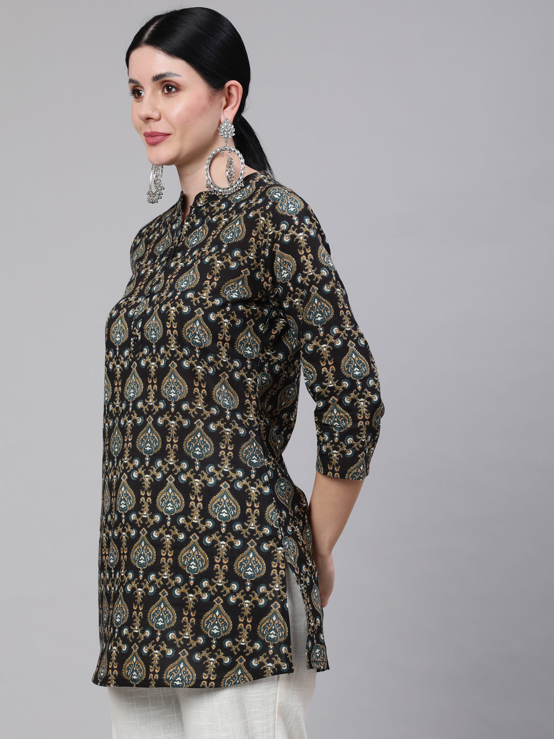 Women Black Ethnic Printed Straight Tunic With Three Quarter Sleeves | LASVINI - Redefining Indian Fashion with Elegance